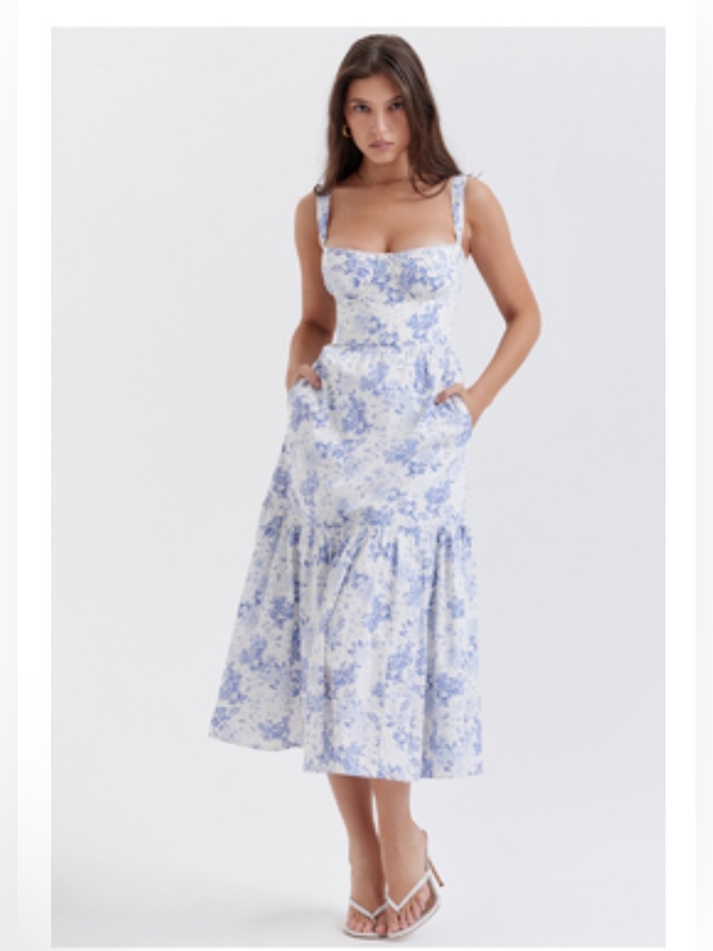 House of CB Elia Dress - Blue Floral Tie-Strap Midi Dress NWT Never been worn